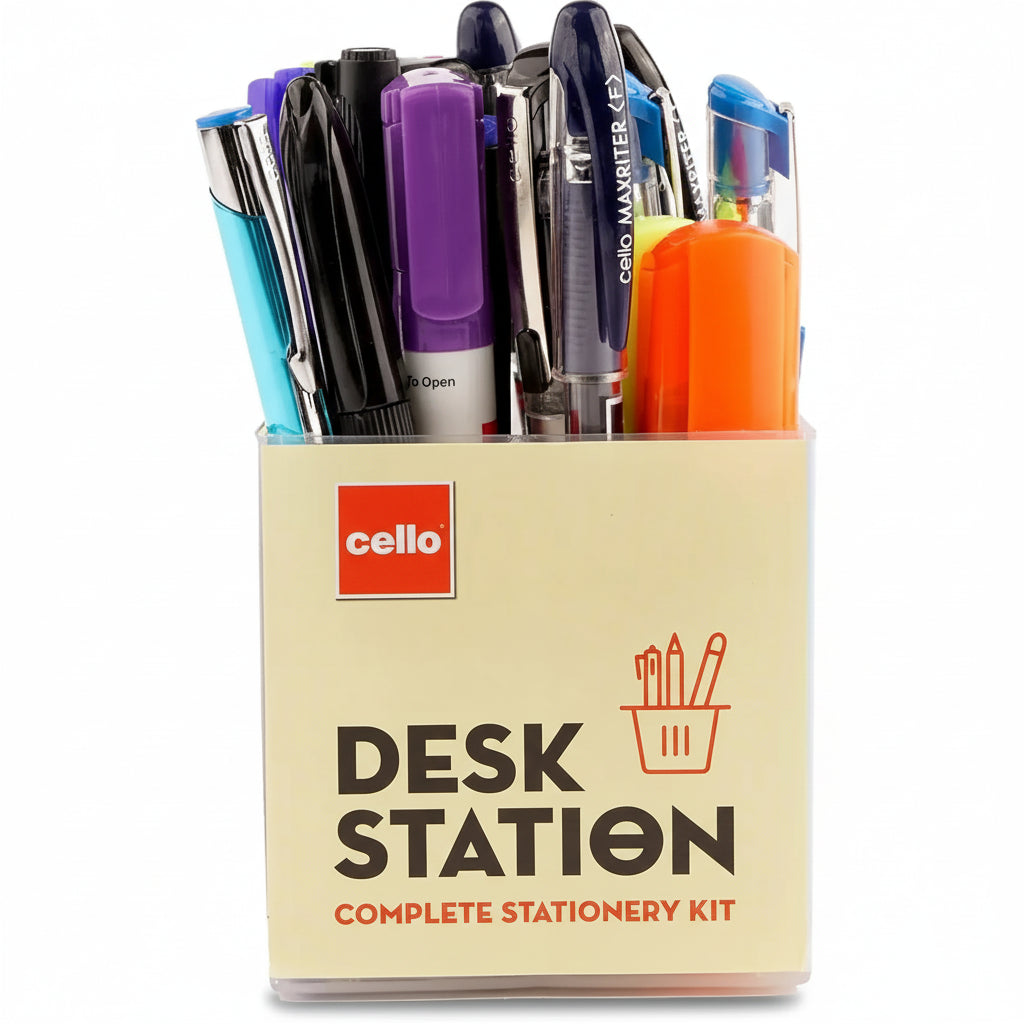 Cello Desk Station, Assorted Office Stationery Items 23 Stationery Items & 1 Pen Stand, Multicolor (Plastic) Corporate Gifts For Employees