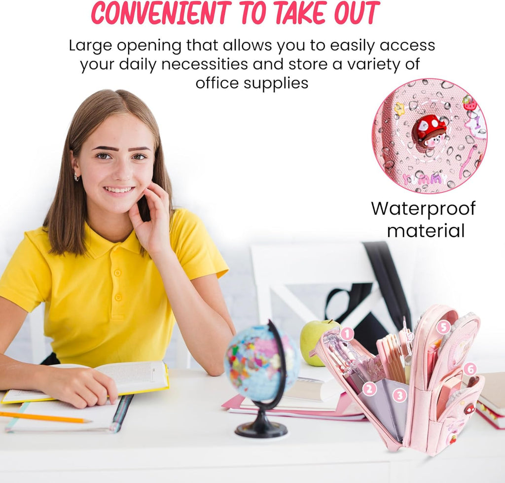 Canvas School Bag Pencil Case, 3 Layer 6 Compartment Large Capacity, Aesthetic Pencil Pouch for Stationary, Cute Stationery for Kids, Pencil Case for Girls & Boys, Gift for Children (Pink)