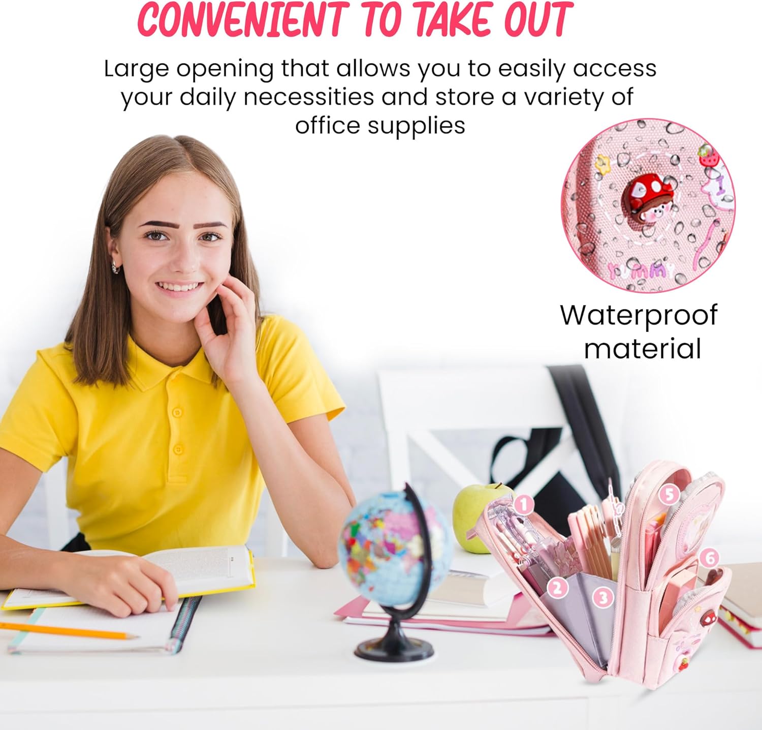 Canvas School Bag Pencil Case, 3 Layer 6 Compartment Large Capacity, Aesthetic Pencil Pouch for Stationary, Cute Stationery for Kids, Pencil Case for Girls & Boys, Gift for Children (Pink)