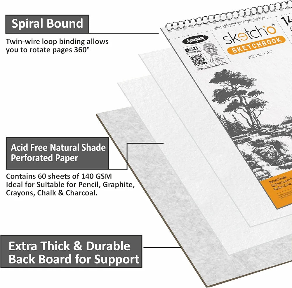 Anupam Sketch-O Sketchbook A5 | 50 Sheet 100 Pages | 140GSM | Durable Acid Free Drawing Paper |Top Spiral-Bound Sketchpad for Artists Kids & Professionals for Marker Colored Pencil Charcoal
