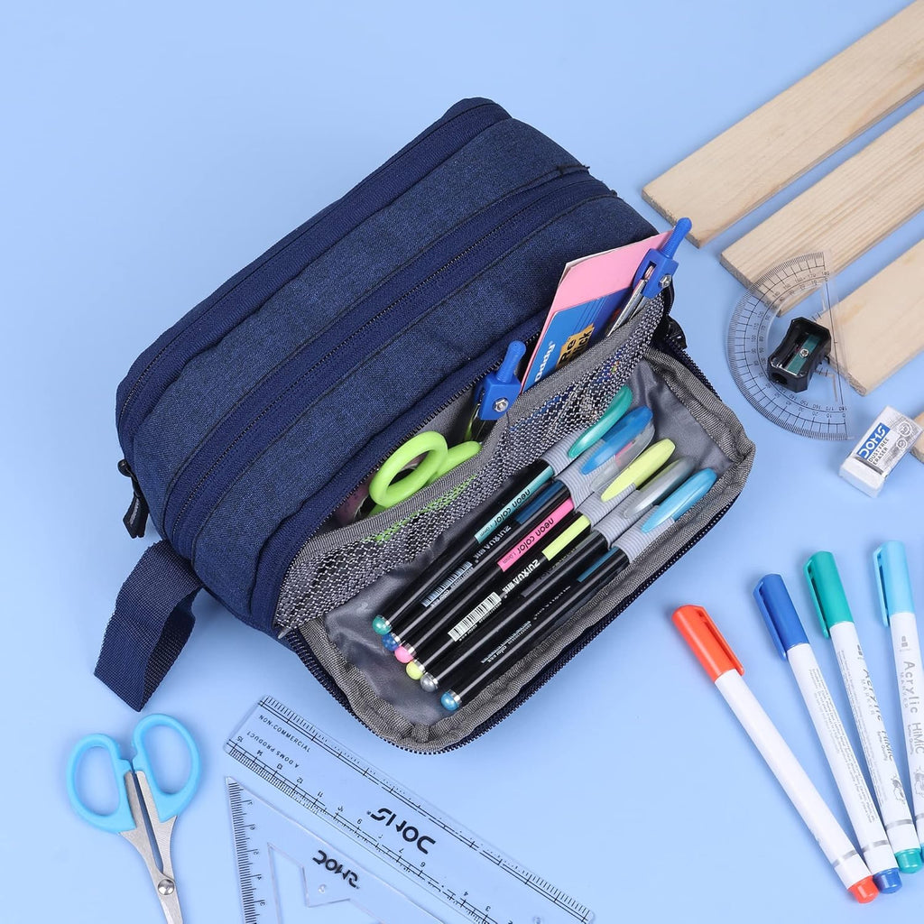 Wooum Fabric Extra Large Capacity Kawaii Pencil Cases Large Pencil Case, Cute Pencil Case, Back to School, Makeup Bag, College and Office Supplies, Travel Case (Khadi Navy Blue)