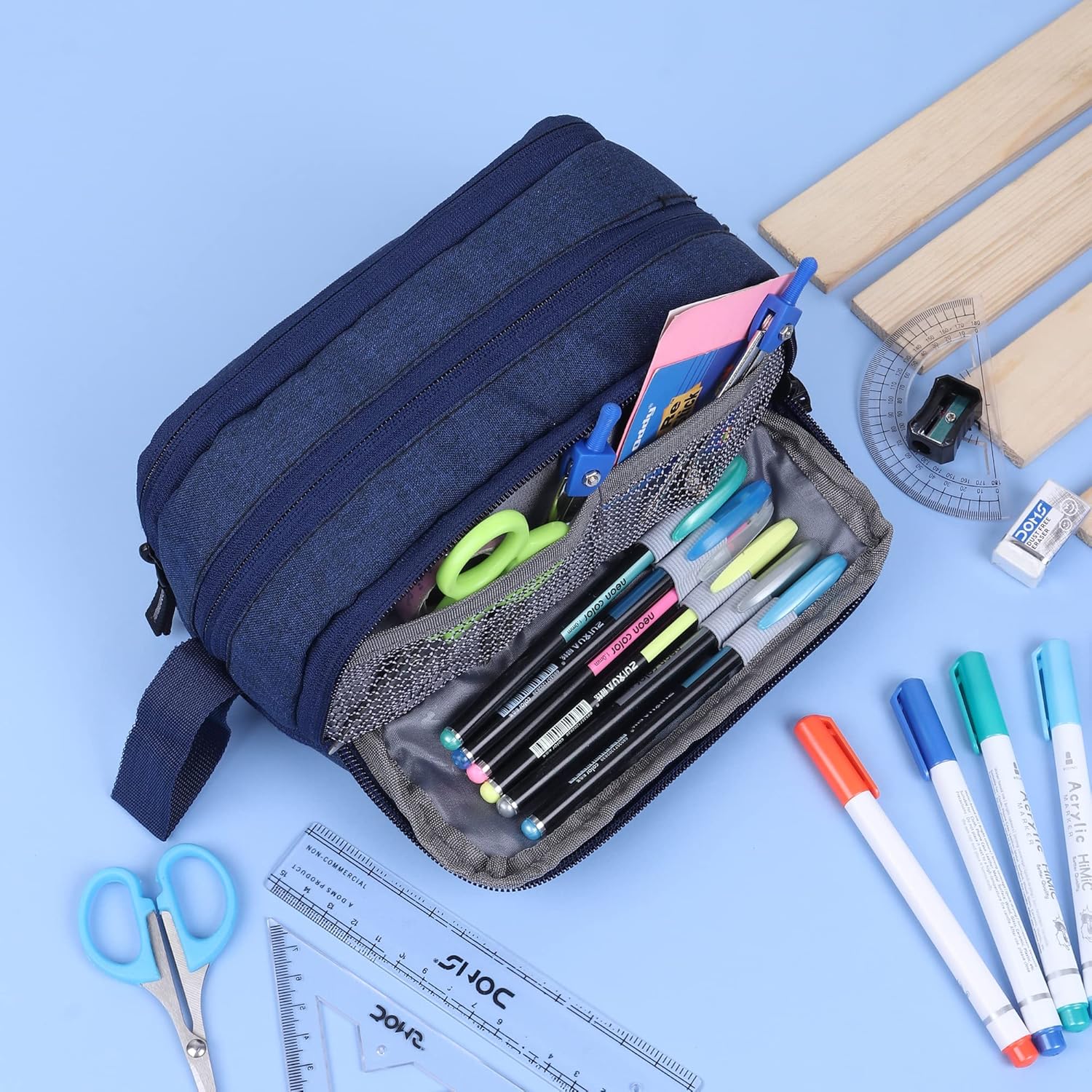 Wooum Fabric Extra Large Capacity Kawaii Pencil Cases Large Pencil Case, Cute Pencil Case, Back to School, Makeup Bag, College and Office Supplies, Travel Case (Khadi Navy Blue)