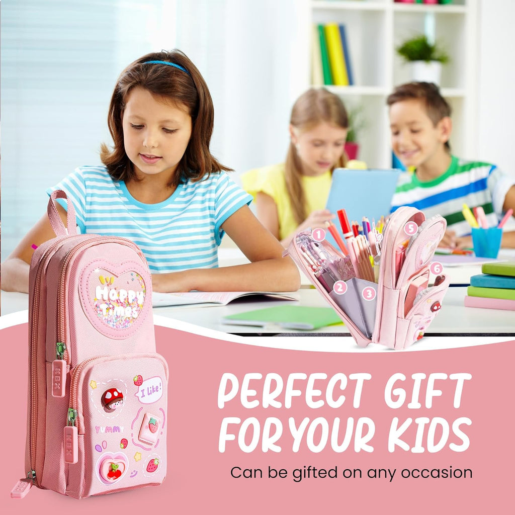 Canvas School Bag Pencil Case, 3 Layer 6 Compartment Large Capacity, Aesthetic Pencil Pouch for Stationary, Cute Stationery for Kids, Pencil Case for Girls & Boys, Gift for Children (Pink)