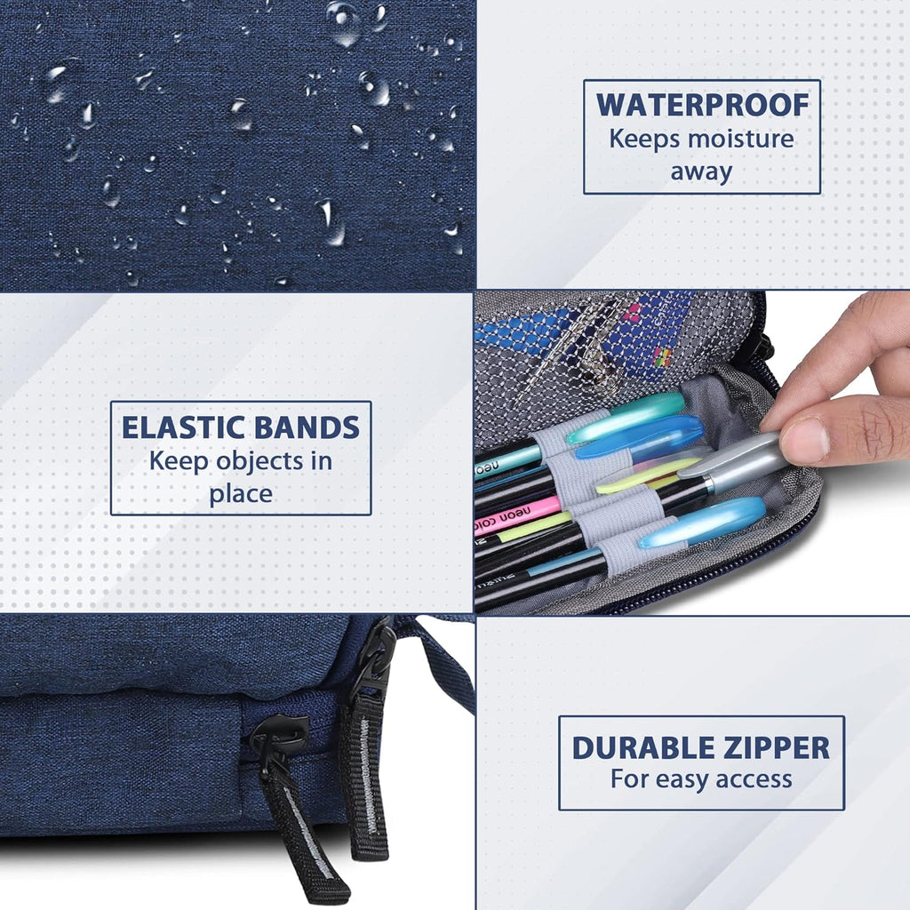 Wooum Fabric Extra Large Capacity Kawaii Pencil Cases Large Pencil Case, Cute Pencil Case, Back to School, Makeup Bag, College and Office Supplies, Travel Case (Khadi Navy Blue)