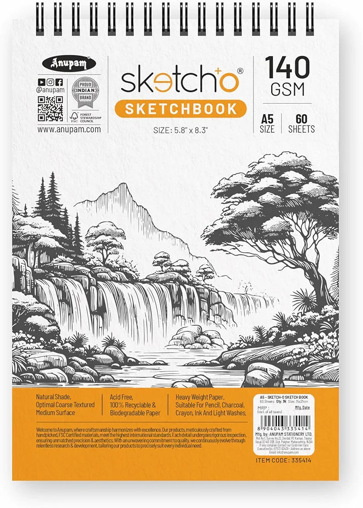 Anupam Sketch-O Sketchbook A5 | 50 Sheet 100 Pages | 140GSM | Durable Acid Free Drawing Paper |Top Spiral-Bound Sketchpad for Artists Kids & Professionals for Marker Colored Pencil Charcoal