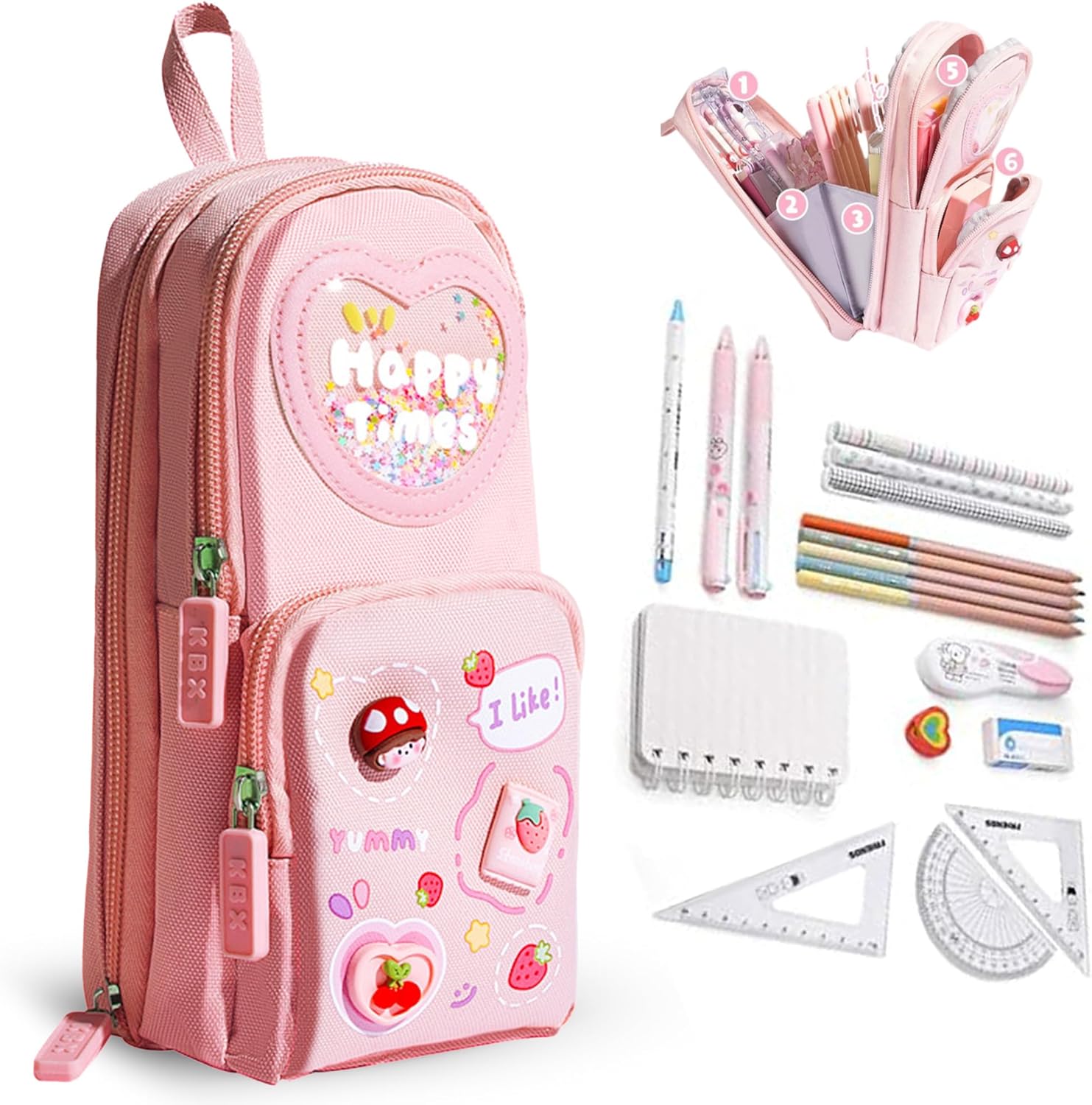 Canvas School Bag Pencil Case, 3 Layer 6 Compartment Large Capacity, Aesthetic Pencil Pouch for Stationary, Cute Stationery for Kids, Pencil Case for Girls & Boys, Gift for Children (Pink)