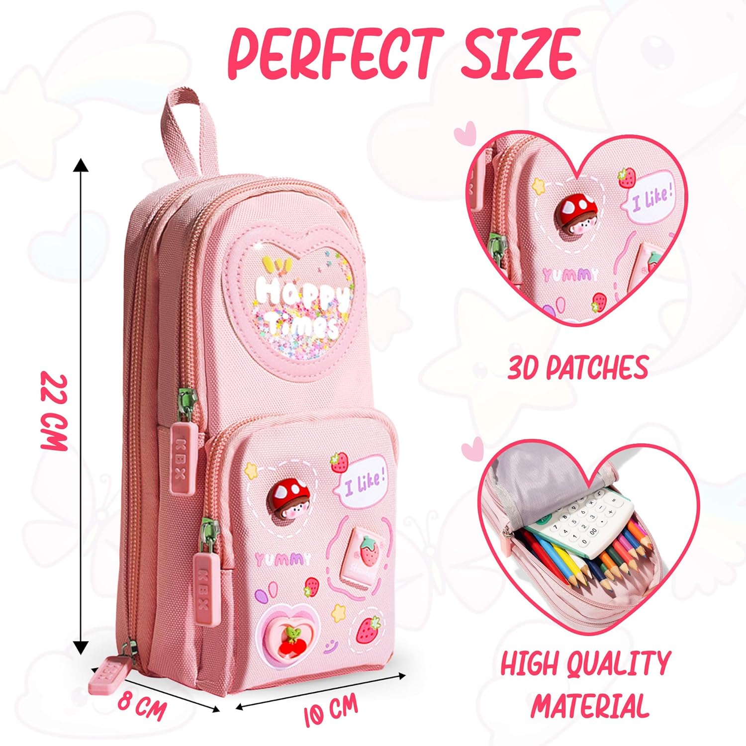 Canvas School Bag Pencil Case, 3 Layer 6 Compartment Large Capacity, Aesthetic Pencil Pouch for Stationary, Cute Stationery for Kids, Pencil Case for Girls & Boys, Gift for Children (Pink)