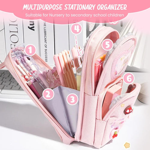 Canvas School Bag Pencil Case, 3 Layer 6 Compartment Large Capacity, Aesthetic Pencil Pouch for Stationary, Cute Stationery for Kids, Pencil Case for Girls & Boys, Gift for Children (Pink)