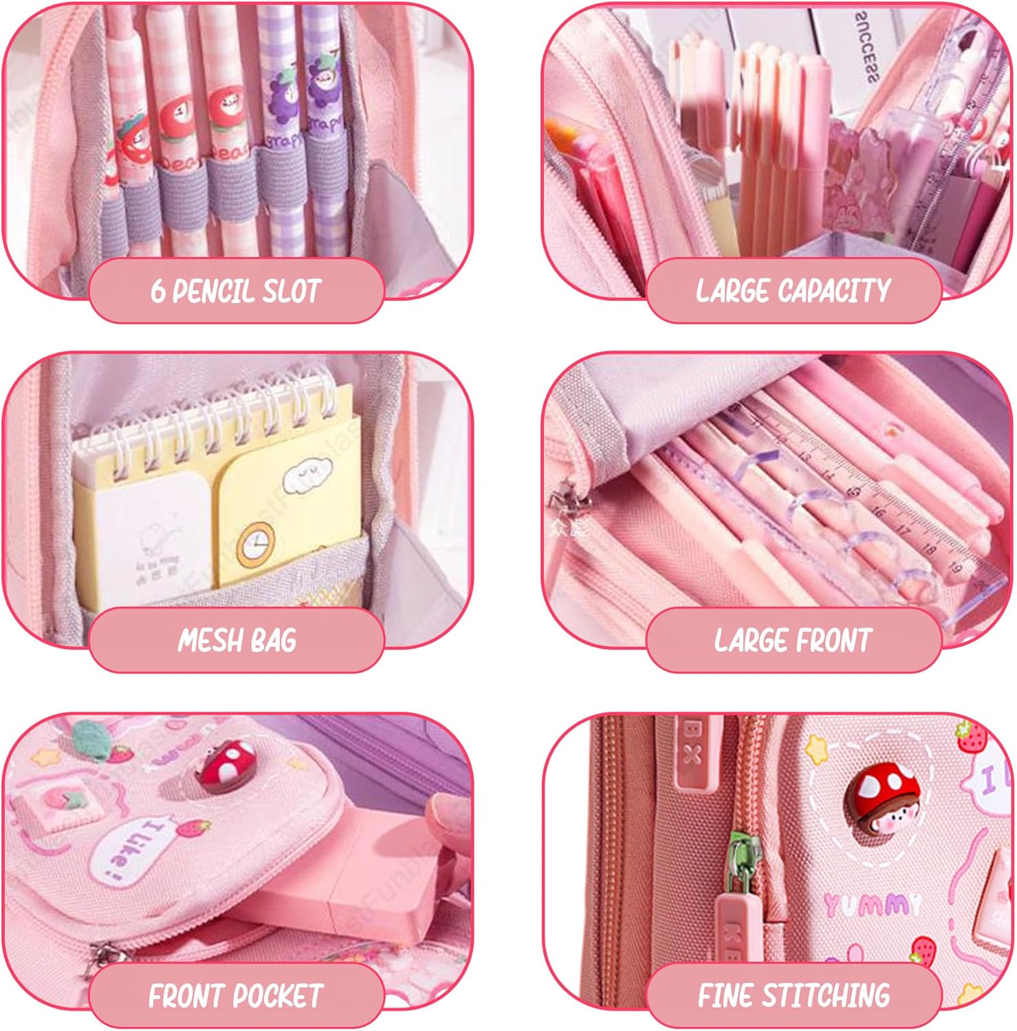 Canvas School Bag Pencil Case, 3 Layer 6 Compartment Large Capacity, Aesthetic Pencil Pouch for Stationary, Cute Stationery for Kids, Pencil Case for Girls & Boys, Gift for Children (Pink)