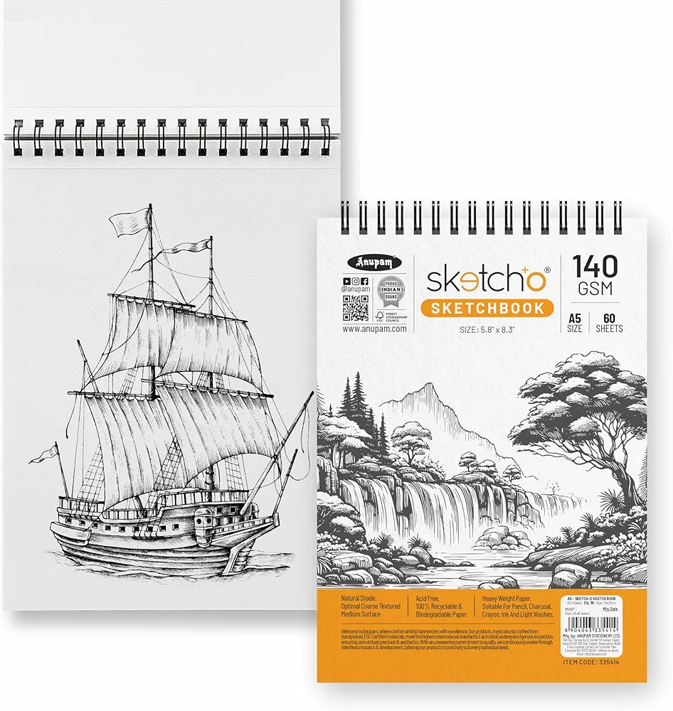 Anupam Sketch-O Sketchbook A5 | 50 Sheet 100 Pages | 140GSM | Durable Acid Free Drawing Paper |Top Spiral-Bound Sketchpad for Artists Kids & Professionals for Marker Colored Pencil Charcoal