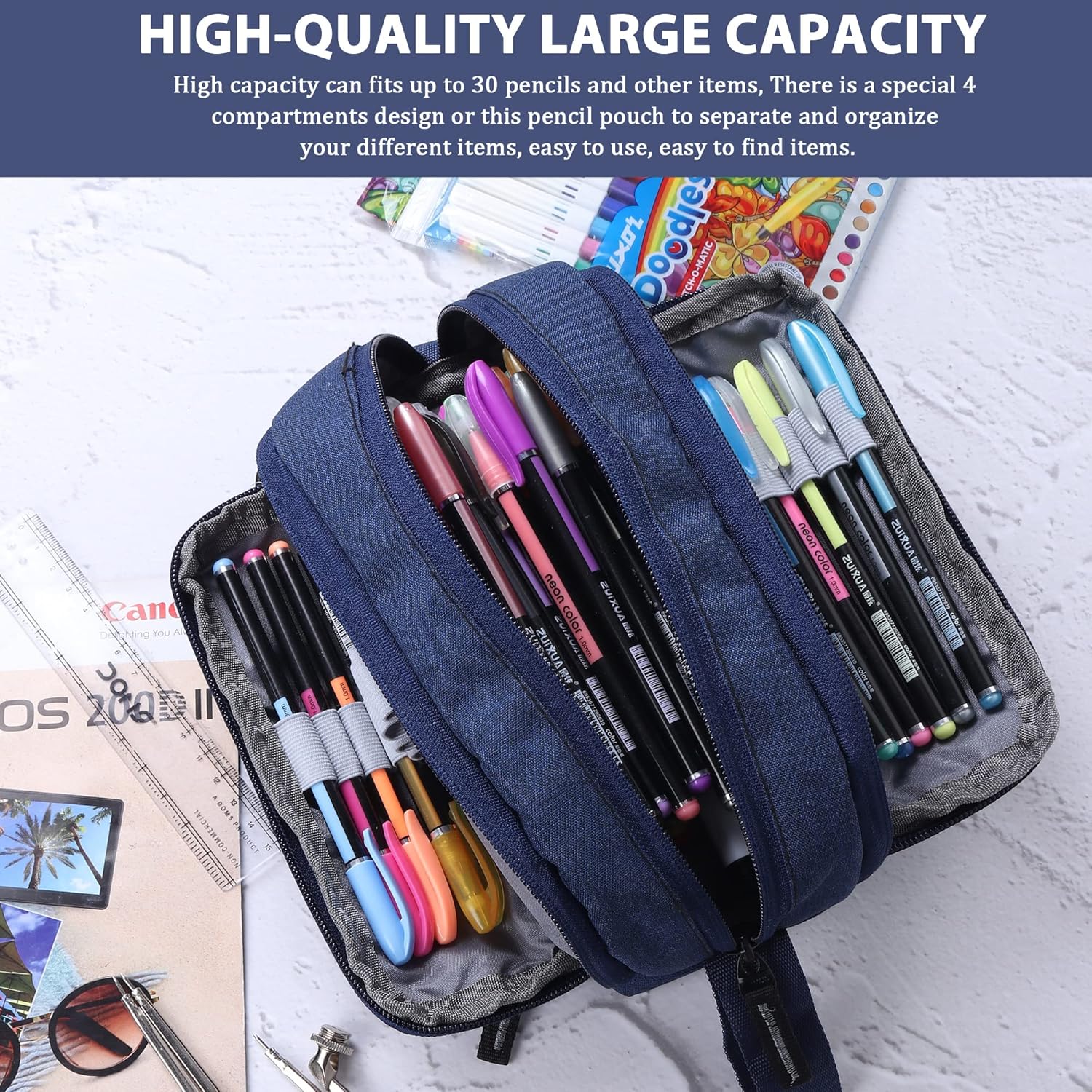 Wooum Fabric Extra Large Capacity Kawaii Pencil Cases Large Pencil Case, Cute Pencil Case, Back to School, Makeup Bag, College and Office Supplies, Travel Case (Khadi Navy Blue)